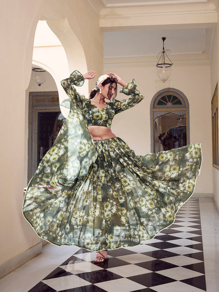 Mehandi Color Floral Printed With Peral Lace Border Weightless Marbal Saree