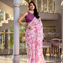 Pink Color Floral Print With Peral Lace Border Weightless Marbal Saree