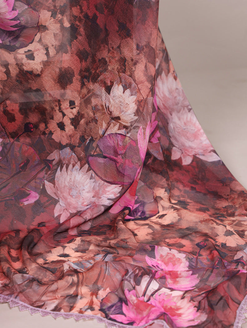 Onion Color Floral Printed With Lace Border Weightless Marbal Saree