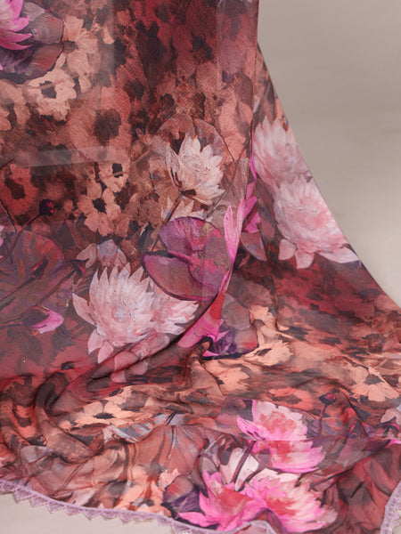 Onion Color Floral Printed With Lace Border Weightless Marbal Saree