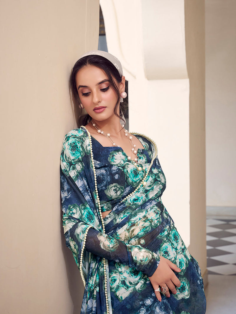 Navy Blue Color Floral Printed With Peral Lace Border Weightless Marbal Saree