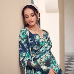 Navy Blue Color Floral Printed With Peral Lace Border Weightless Marbal Saree
