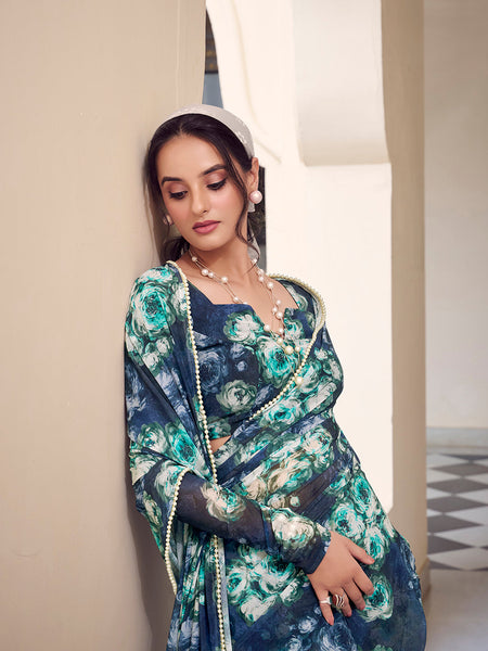 Navy Blue Color Floral Printed With Peral Lace Border Weightless Marbal Saree