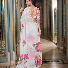 White Color Printed With Pearl Lace Border Georgette Saree