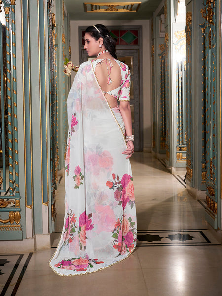 White Color Printed With Pearl Lace Border Georgette Saree