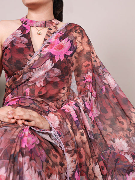 Onion Color Floral Printed With Lace Border Weightless Marbal Saree