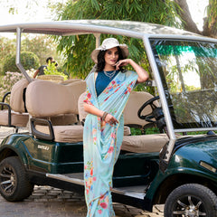 Sky Blue Color Floral Printed And Pearl Lace Border Weightless Marbal Saree