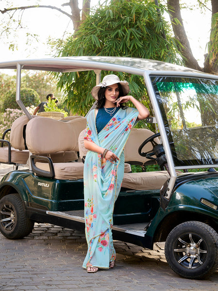 Sky Blue Color Floral Printed And Pearl Lace Border Weightless Marbal Saree