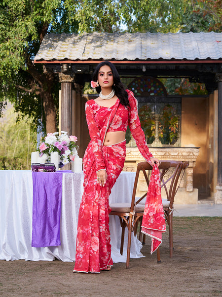 Red Color Printed With Peral Lace Border Weightless Marbal