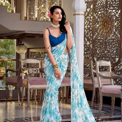 Sky Blue Color Floral Print With Peral Lace Border Weightless Marbal Saree