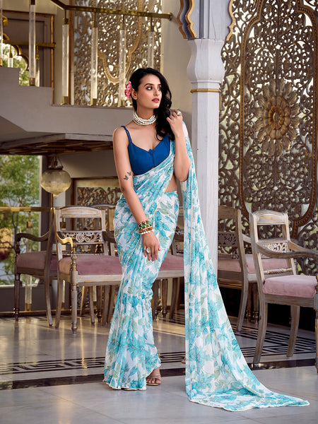 Sky Blue Color Floral Print With Peral Lace Border Weightless Marbal Saree