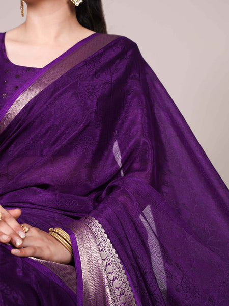 Purple Color Self Printed With Zari Weaving Work Chinon Saree