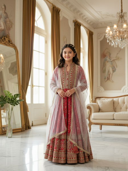 Premium Quality Red Coloured Kids Gown Set