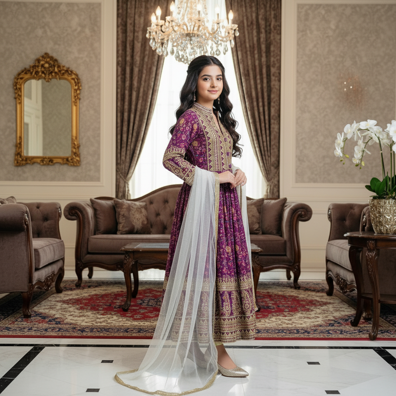 Premium Quality Purple Coloured Kids Gown Set