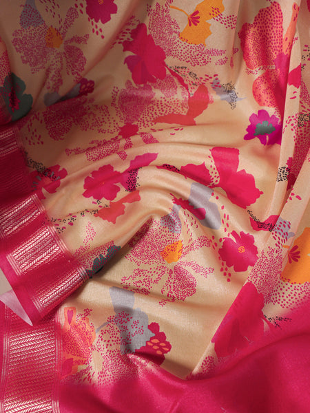Cream Color Printed Tussar Silk With Viscose Border Saree