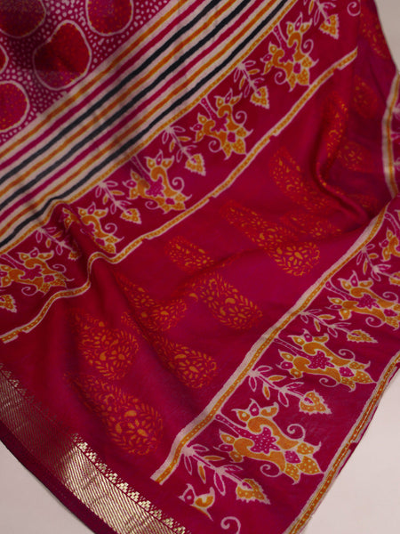 Maroon Color Printed With Temple Border Polyester Viscose Chanderi Saree