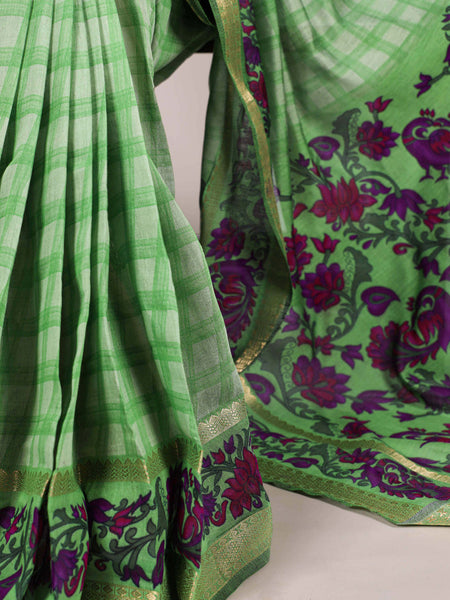 Parrot Color Printed With Zari Weaving Work Polyester Viscose Chanderi Saree