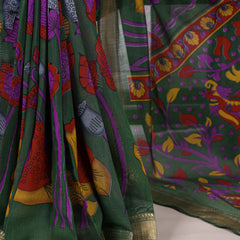 Purple Color Tradition Floral Printed With Zari Weaving Work Viscose Chanderi Saree