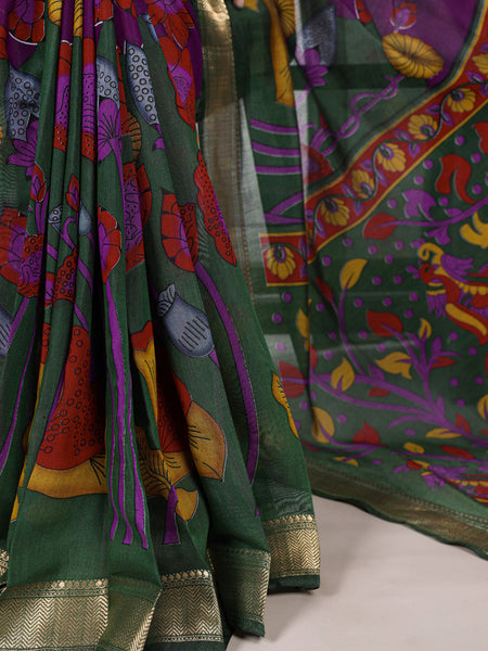 Purple Color Tradition Floral Printed With Zari Weaving Work Viscose Chanderi Saree