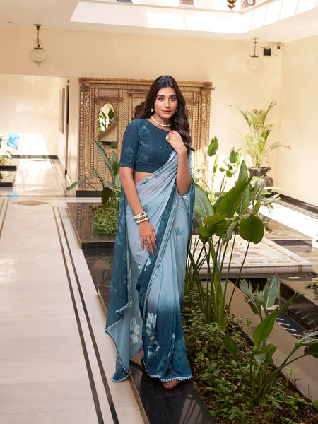 Bottle Green Color Floral Printed With Weightless Marbal saree