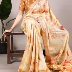Cream Color Tussar Silk With Viscos Border Floral Printed Saree