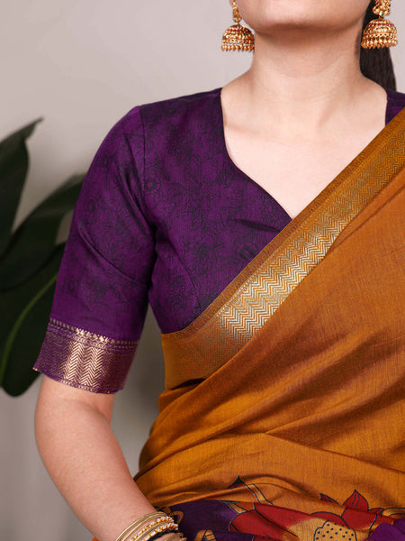 Mustard Color Tradition Floral Printed With Zari Weaving Work Viscose Chanderi Saree