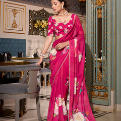 Pink Color Printed With Peral Lace Border Georgette Trending Saree