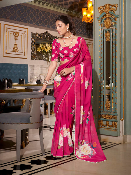 Pink Color Printed With Peral Lace Border Georgette Trending Saree
