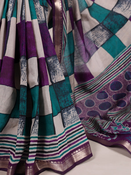 Purple Color Printed With Temple Border Polyester Viscose Chanderi Saree