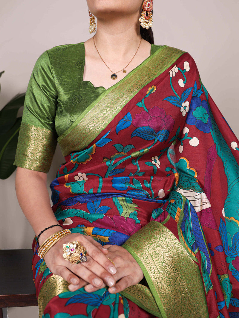 Maroon Color Printed With Zari Weaving Work Tussar Silk Saree