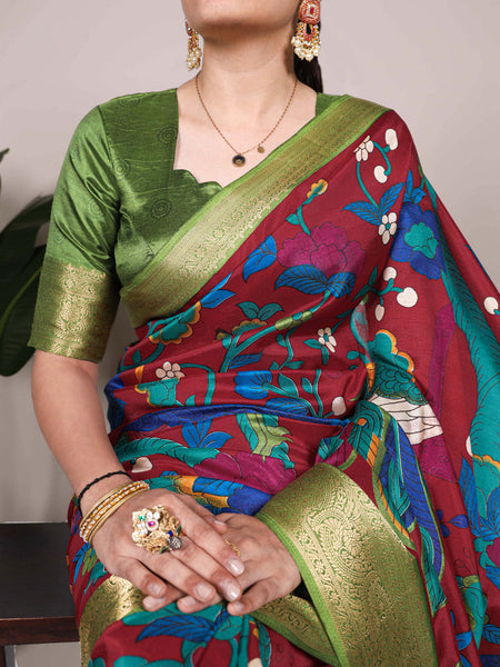 Maroon Color Printed With Zari Weaving Work Tussar Silk Saree