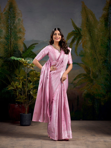 Baby Pink Color Zari Weaving Work With Kanjivaram Saree