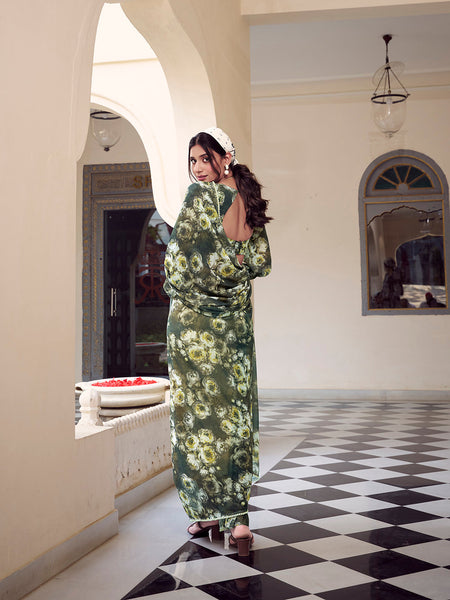 Mehandi Color Floral Printed With Peral Lace Border Weightless Marbal Saree