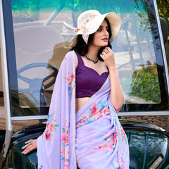 Lavender Color Floral Printed And Pearl Lace Border Weightless Marbal Saree