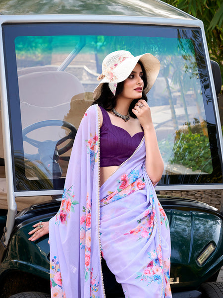 Lavender Color Floral Printed And Pearl Lace Border Weightless Marbal Saree