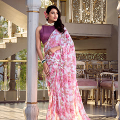 Pink Color Floral Print With Peral Lace Border Weightless Marbal Saree