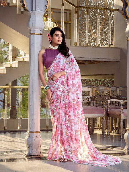 Pink Color Floral Print With Peral Lace Border Weightless Marbal Saree