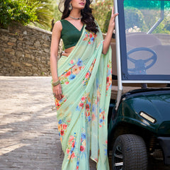 Pista Color Floral Printed And Pearl Lace Border Weightless Marbal Saree