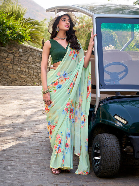 Pista Color Floral Printed And Pearl Lace Border Weightless Marbal Saree