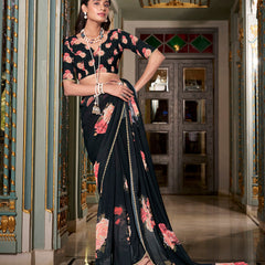 Black Color Printed With Peral Lace Border Georgette Saree