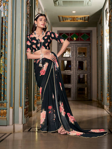 Black Color Printed With Peral Lace Border Georgette Saree