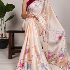 Cream Color Floral Print With Peral Lace Border Satin Silk Trading Saree