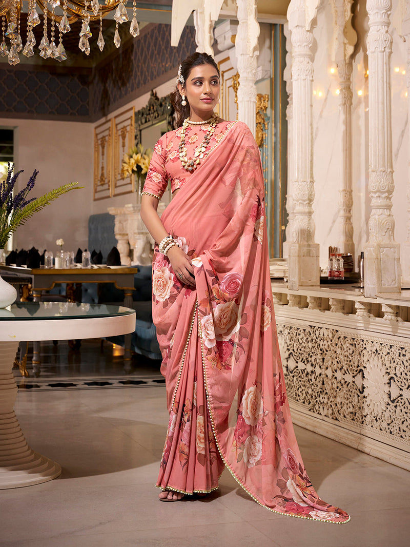 Orange Color Printed With Pearl Lace Border Georgette Saree