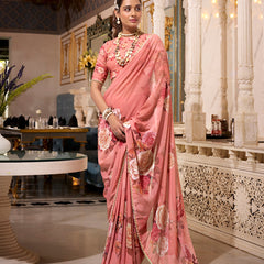 Orange Color Printed With Pearl Lace Border Georgette Saree