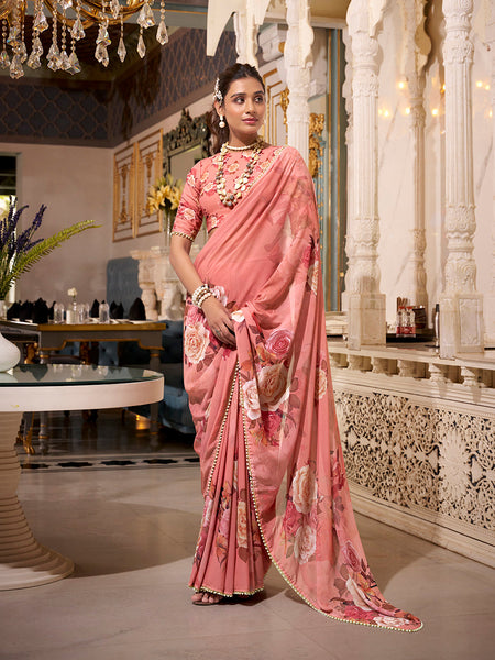 Orange Color Printed With Pearl Lace Border Georgette Saree