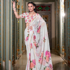 White Color Printed With Pearl Lace Border Georgette Saree