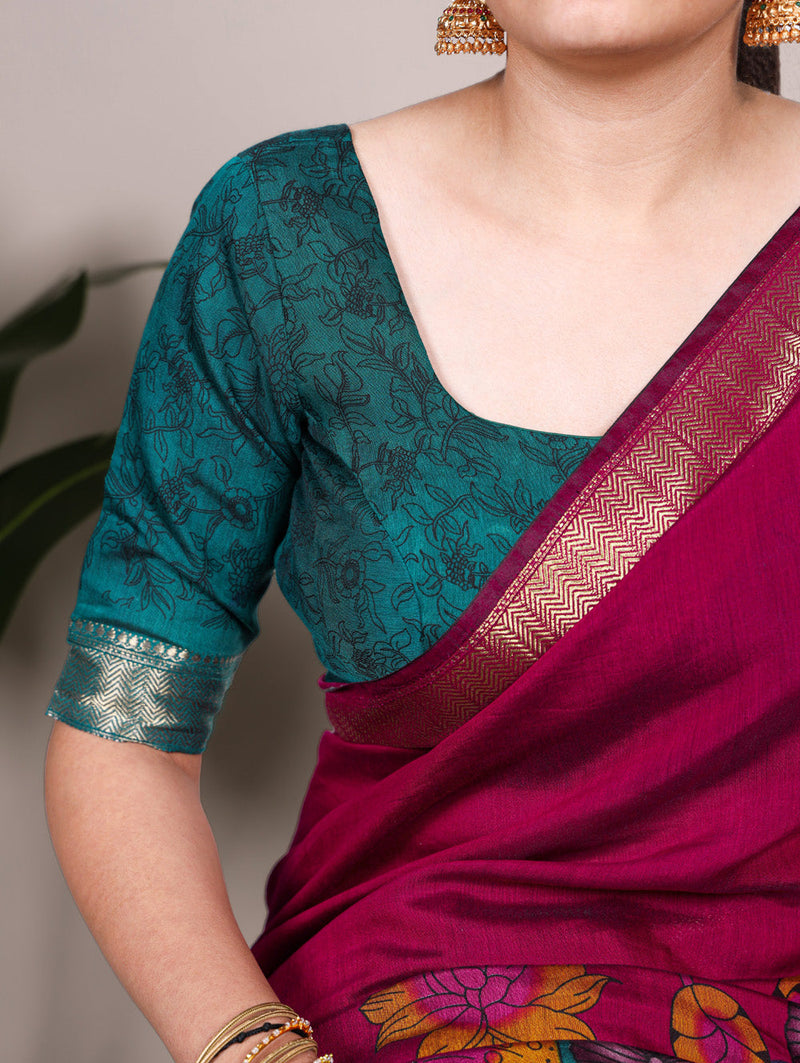 Pink Color Tradition Floral Printed With Zari Weaving Work Viscose Chanderi Saree