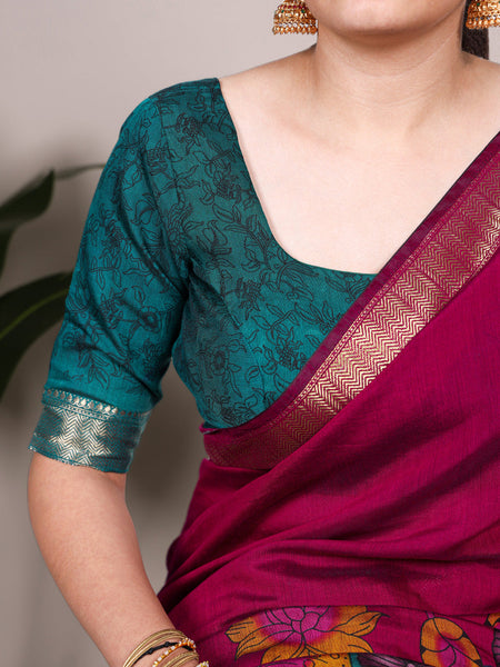 Pink Color Tradition Floral Printed With Zari Weaving Work Viscose Chanderi Saree