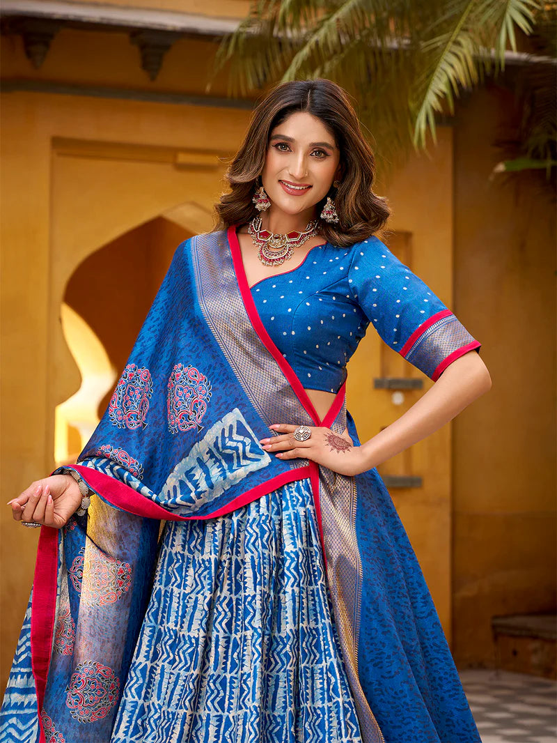 Blue Color Batik Printed Dola Silk Lehenga