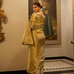Gold Color Zari Weaving Work With Sequins Border Tissue Shimmer Saree